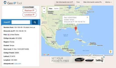Según el sitio Geo IP Tool, Cuba.com está en un servidor de Tampa, Florida.