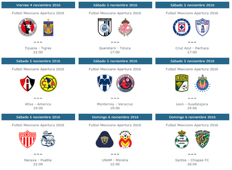 Fechas y horarios de trasmision de la jornada 16 del futbol mexicano