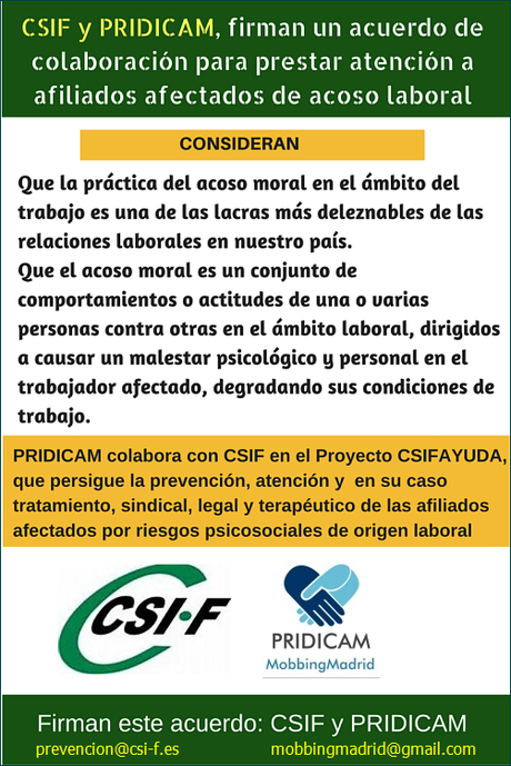 MobbingMadrid CSIF y PRIDICAM, firman un acuerdo de colaboración para prestar atención a afiliados afectados de acoso laboral