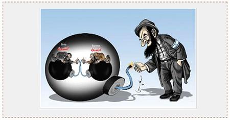 Una caricatura según la cual Israel enciende el odio entre sunitas y shiitas en el mundo musulmán (sitio del Comisionado de Informaciones de Fatah, 18 y 25 de octubre de 2016)
