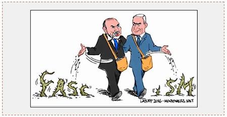 Una caricatura según la cual el Primer Ministro Netaniahu y el Ministro de Defensa Liberman siembran las semillas del fascismo (sitio del Comisionado de Informaciones de Fatah, 18 y 25 de octubre de 2016)