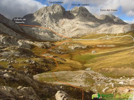 Vista de la Torre Salinas, Liordes y Friero desde la entrada a los Tornos
