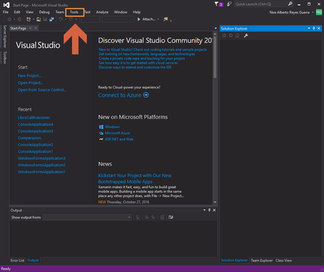 Visual Studio 2015 Tools Menu