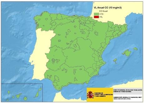 Calidad del Aire en España 2015: Evaluación de cumplimiento de Valor Límite Anual de Monóxido de Carbono (CO)