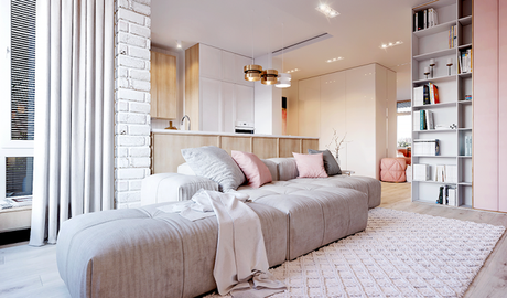 Salón abierto rosa empolvado y gris