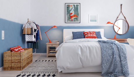 Cama con funda de edredón blanca y detalles en azul y rojo