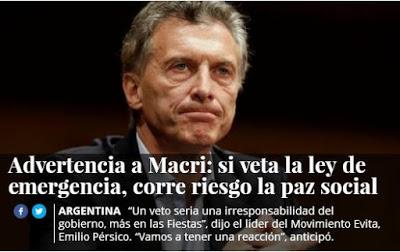 Advertencia a Macri: si veta la ley de emergencia, corre riesgo la paz social