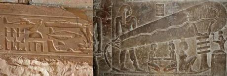 Antiguos jeroglíficos egipcios representando tecnología moderna