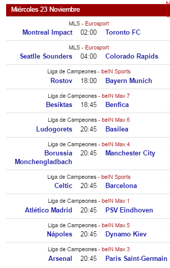 Champions, Europa League y Ligas on line y horarios. Del 22 al 27 de Noviembre 2016 Champions, Europa League y Ligas on line y horarios. Del 22 al 27 de Noviembre 2016