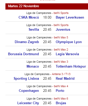 Champions, Europa League y Ligas on line y horarios. Del 22 al 27 de Noviembre 2016 Champions, Europa League y Ligas on line y horarios. Del 22 al 27 de Noviembre 2016