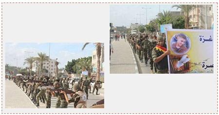 A la derecha: Alumnos vestidos con uniformes militares, llevan carteles de apoyo a Manasra. A la izquierda: Una formación portando armas de madera en el marco de la manifestación de identificación con Manasra (página facebook Gaza Alan, 17 de noviembre de 2016)