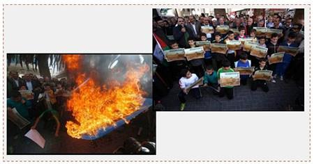 A la derecha: Manifestación de protesta de chicos en el centro de la ciudad de Nablus contra “La Ley del Muecin”. Participa en la manifestación el gobernador del distrito, Akram Rajoub. A la izquierda: Los manifestantes queman una bandera de Israel durante la manifestación (WAFA, 20 de noviembre de 2016), (página facebook Risala.net, 20 de noviembre de 2016)