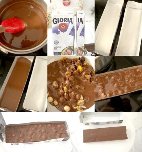 Turrón de chocolate, avellanas y otros frutos, todos preparados para la Navidad