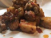 Conejo frito salmorejo castañas batatas