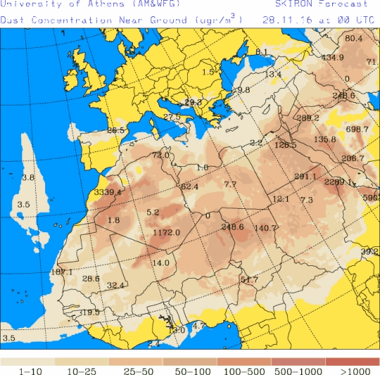 España: Polvo africano (Pronóstico para 28-noviembre-2016)