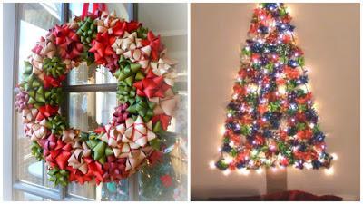 Coronas navideñas y árboles decorados con moños de regalo