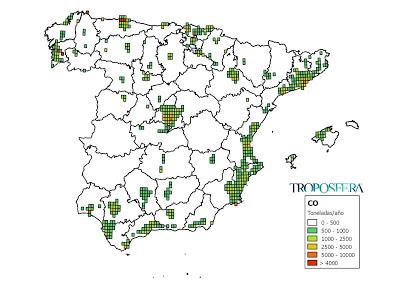 España: Mapa de emisiones de CO (Inventario EMEP 2014)