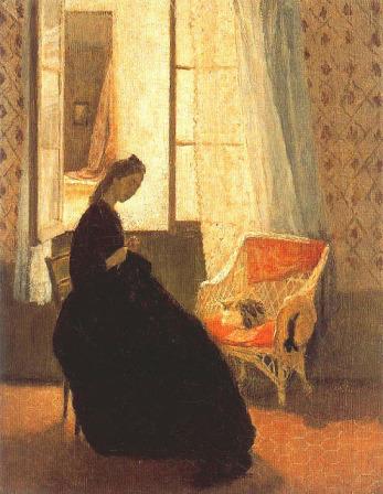 Mujer cosiendo con gato