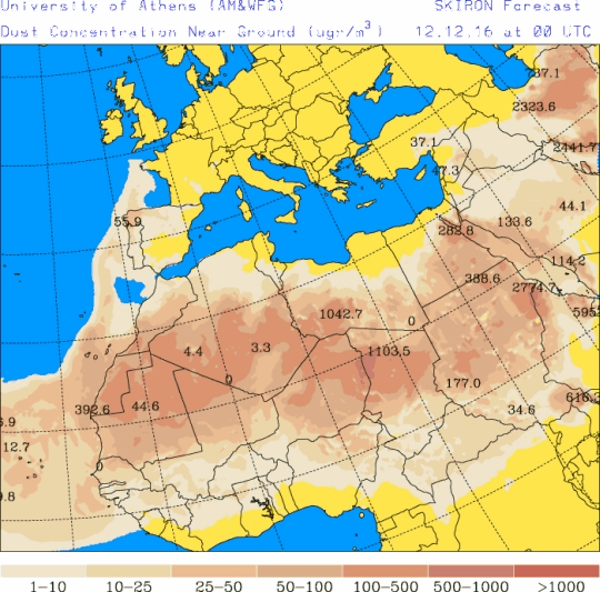 España: Polvo africano (Pronóstico para 12-diciembre-2016)