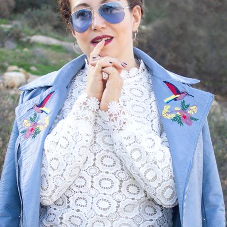 melange_boutique_blog_dresslily_selfportrait_lace_blouse_blue_embroidered_biker_jacket_zaful_braids_hairstyle_aviator_sunglases_zerouve