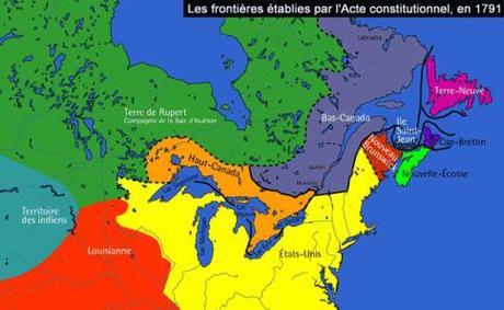 El Acta Constitucional de 1791 dejaba la región de Canadá compuesta por dos provincias: Alto —Haut— Canada, donde habitaba la mayoría anglosajona, y Bajo —Bas— Canadá, habitada por una minoría de influencia francesa. Fuente: Cyberligne
