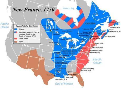 El control de territorio americano por parte de Francia era muy extenso —llegaba incluso hasta Nueva Orleans, en EE. UU.—, mientras que Gran Bretaña manifestaba escasamente su dominio sobre las trece colonias del este. Fuente: Virginia Places