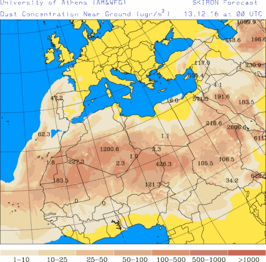 España: Polvo africano (Pronóstico para 13-diciembre-2016)