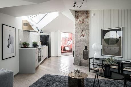 mobiliario negro marmol de carrara distribución abierta detalles en bronce decoración sofisticada elegante decoración pisos pequeños blog decoración nórdica atico nórdico 