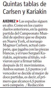 El match Carlsen vs Karjakin, visto por Miguel Illescas en La Vanguardia - 5ª partida