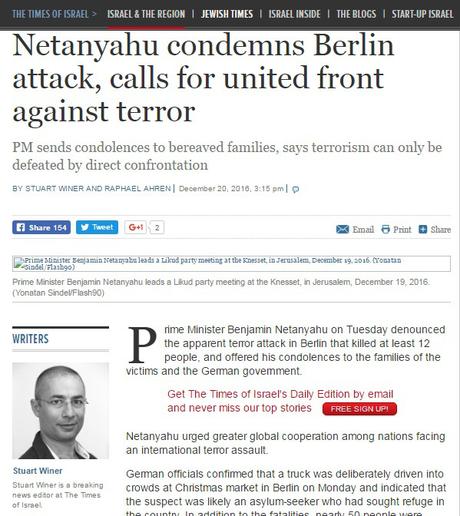 Israel condena el atentado de Berlín.