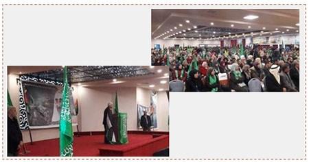 A A la derecha: Asamblea de Hamás en el Bireh, conmemorando el 29 aniversario de la creación del movimiento. A la izquierda: Un líder destacado de Fatah y miembro del Comité Central, Abbas Zakai, habla en la asamblea de Hamás en el Bireh (cuenta Twitter PALINFO, 17 de diciembre de 2016)