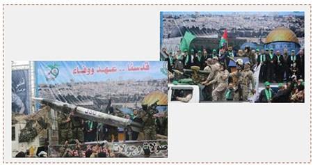 A la derecha: Líderes destacados de Hamás en una asamblea central en Gaza, al señalarse el 29 aniversario de la creación de la organización. Los líderes están mirando una presentación militar. A la izquierda: Un cohete J80, presentado en la asamblea  (cuenta Twitter PALINFO, 14 de diciembre de 2016)