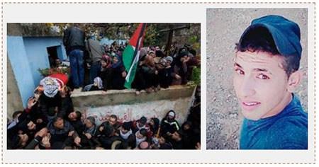 A la derecha: Ahmed Rimawi. A la izquierda: El entierro de Ahmed Rimawi en la aldea Beit Rima.  Su cuerpo está envuelto con una bandera de Palestina  (cuenta Twitter PALDF, 17-18 de diciembre de 2016)