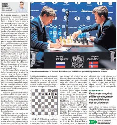 El match Carlsen vs Karjakin, visto por Miguel Illescas en La Vanguardia - 9ª partida