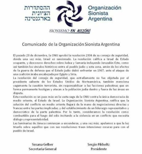 Comunicado de la Organización Sionista Argentina ante la resolución 2334 de la ONU