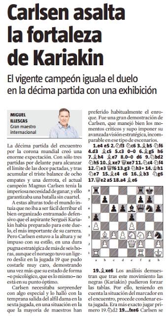 El match Carlsen vs Karjakin, visto por Miguel Illescas en La Vanguardia - 10ª partida