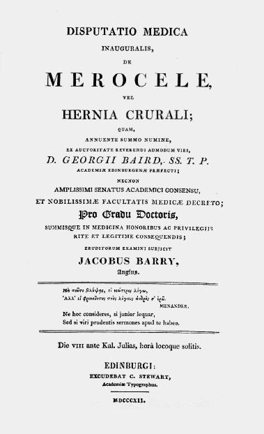 The title page of Barry's thesis on the femoral hernia.