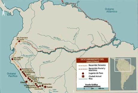 Mapa del descubrimiento del Río Amazonas