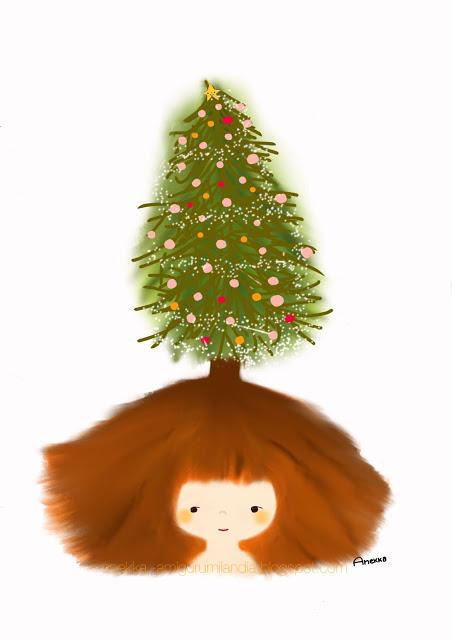 ilustración navideña niña y árbol de navidad