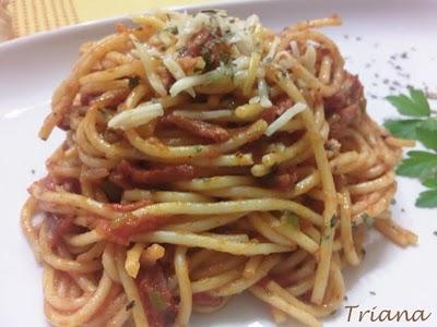 Espaguetis con con cintas de jamon y chorizo Espuña