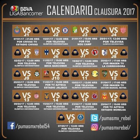 Fechas de los partidos del Pumas para el Clausura 2017