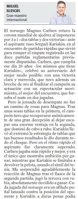 El match Carlsen vs Karjakin, visto por Miguel Illescas en La Vanguardia - Conclusión final