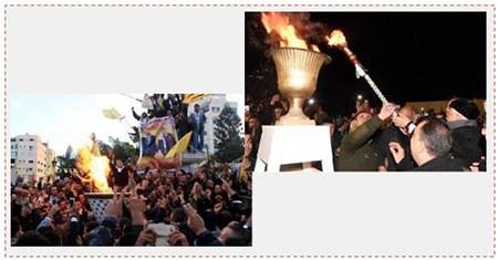 A la derecha: Mahmoud Abbas enciende una antorcha en la ceremonia del 52 aniversario de la creación de Fatah (WAFA, 31 de diciembre de 2016). A la izquierda: Ahmed Hilles, miembro del Comité Central de Fatah enciende la antorcha en Gaza (WAFA, 31 de diciembre de 2016)
