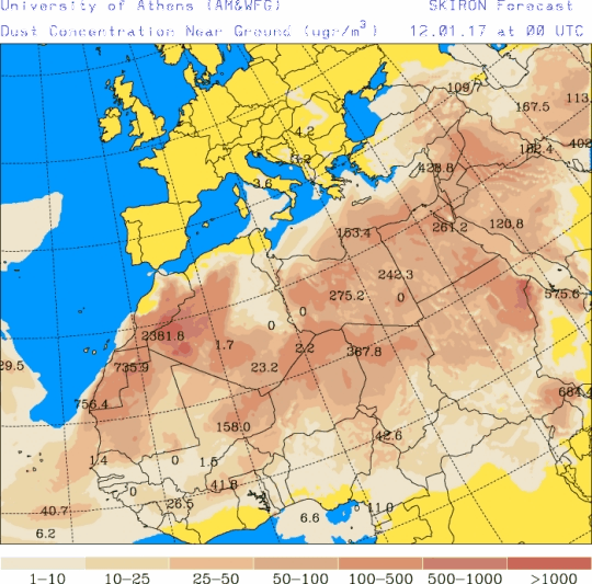 España: Polvo africano (Pronóstico para 12-enero-2017)