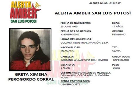 Emiten Alerta Amber para Greta Perogordo de 17 años