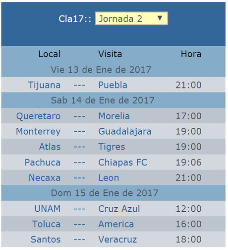 Calendario de la jornada 2 del clausura 2017 futbol mexicano