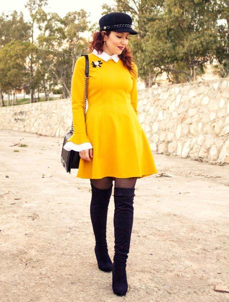 melange_boutique_fashion_blog_de_moda_vestido_baby_doll_amarillo_dresslily_gorra_negra_blso_chanel_boy_botas_xl_1