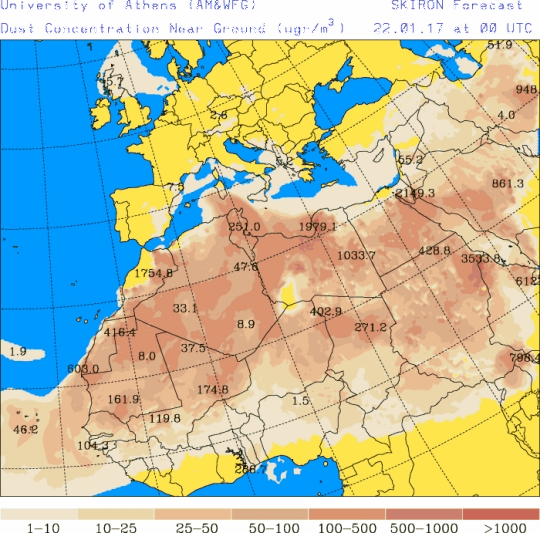 España: Polvo africano (Pronóstico para 22-enero-2017)