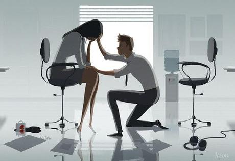 Quien bien te quiere te hará creer en ti pareja en oficina donde uno lo invita a creer en sí mismo