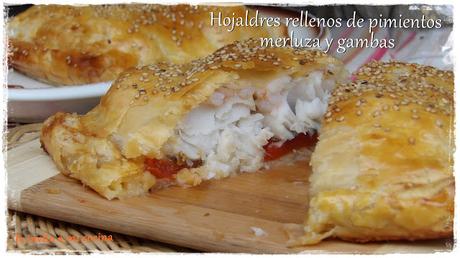 Hojaldres rellenos de pimientos, merluza y gambas